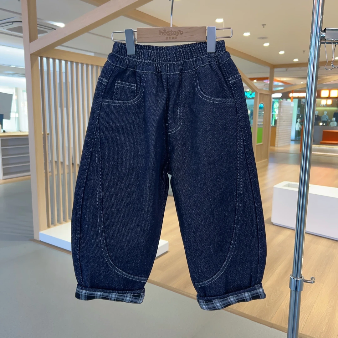 皇室童缘【加绒加厚】男童冬款保暖拼接加绒原色牛仔裤（送针织毛衣）