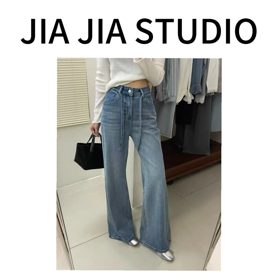 嘉嘉推荐#6611【早春款】高腰复古腰带高弹牛仔微喇裤