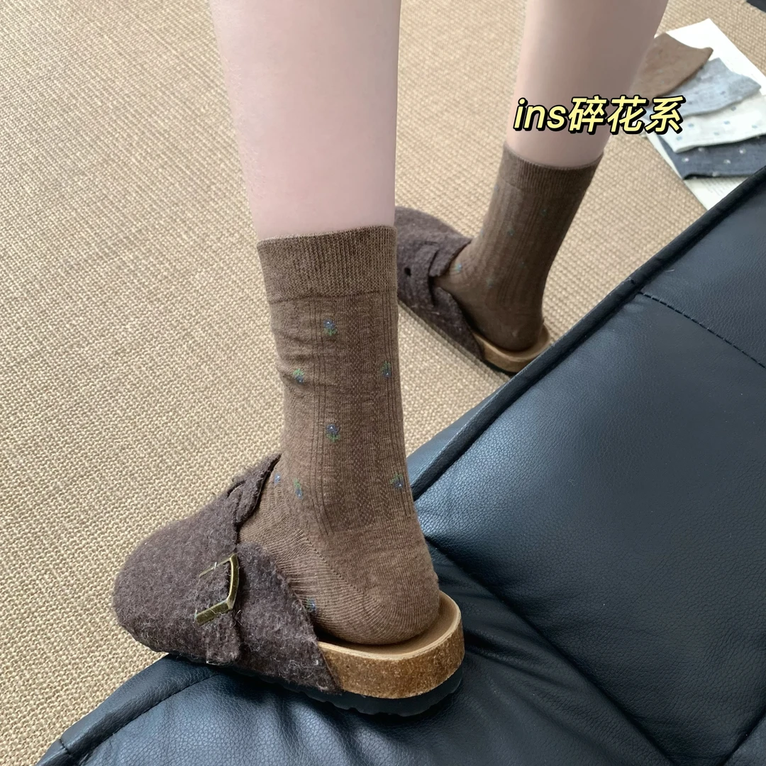 秋冬新款温柔小碎花袜子女士中筒袜ins风百搭堆堆袜长筒袜日系T