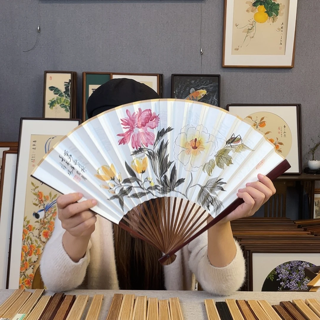 国画95寸红木-纯手绘-文玩扇骨（默认粘好）