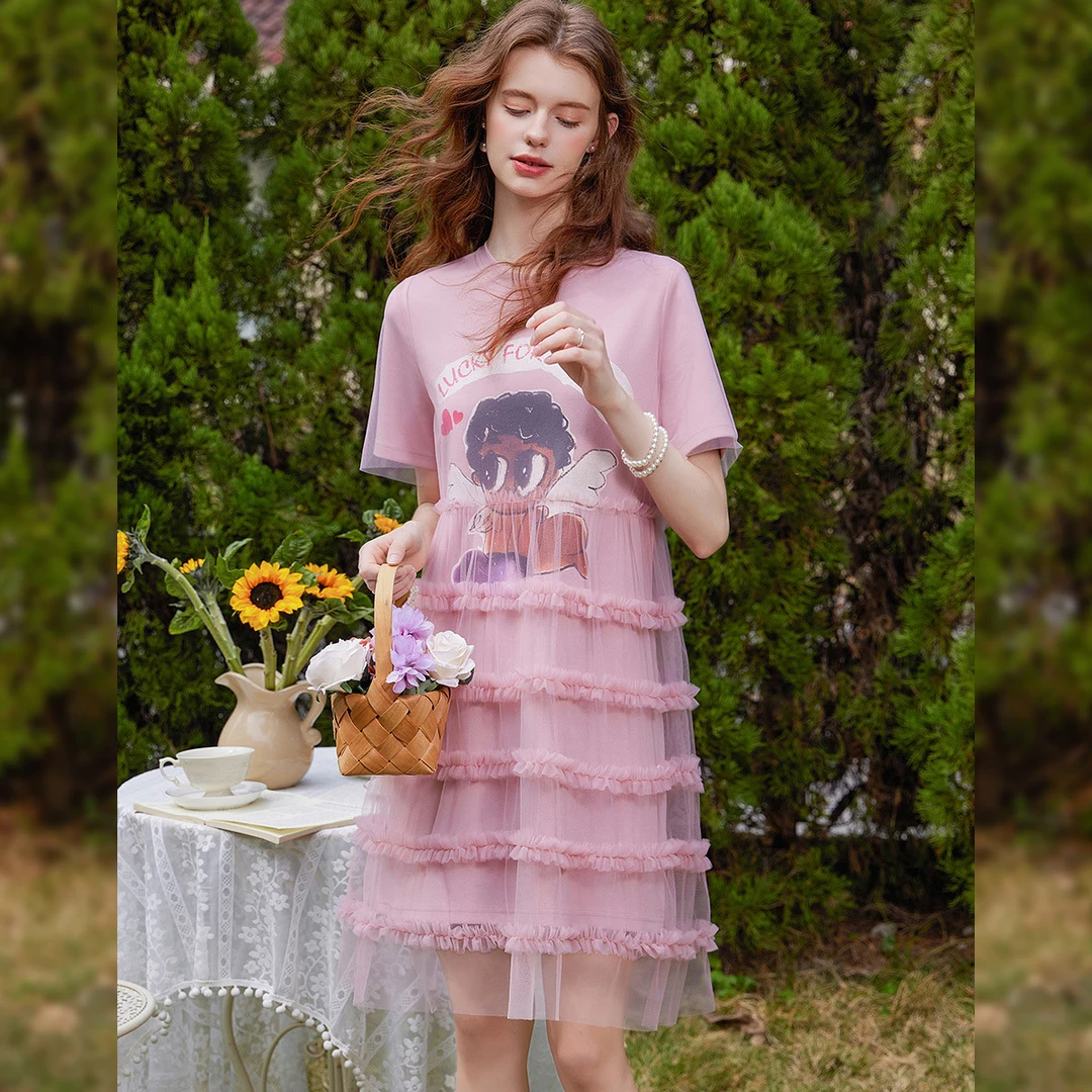 【商场同款新品】白鹿语夏时尚卡通网纱拼接T恤裙YU20140