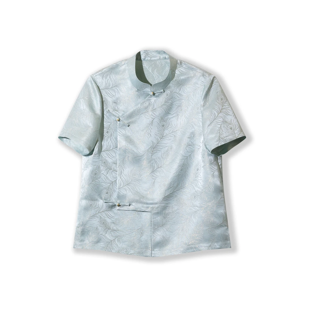 正绢彩通斜襟短袖衬衫上衣H25182