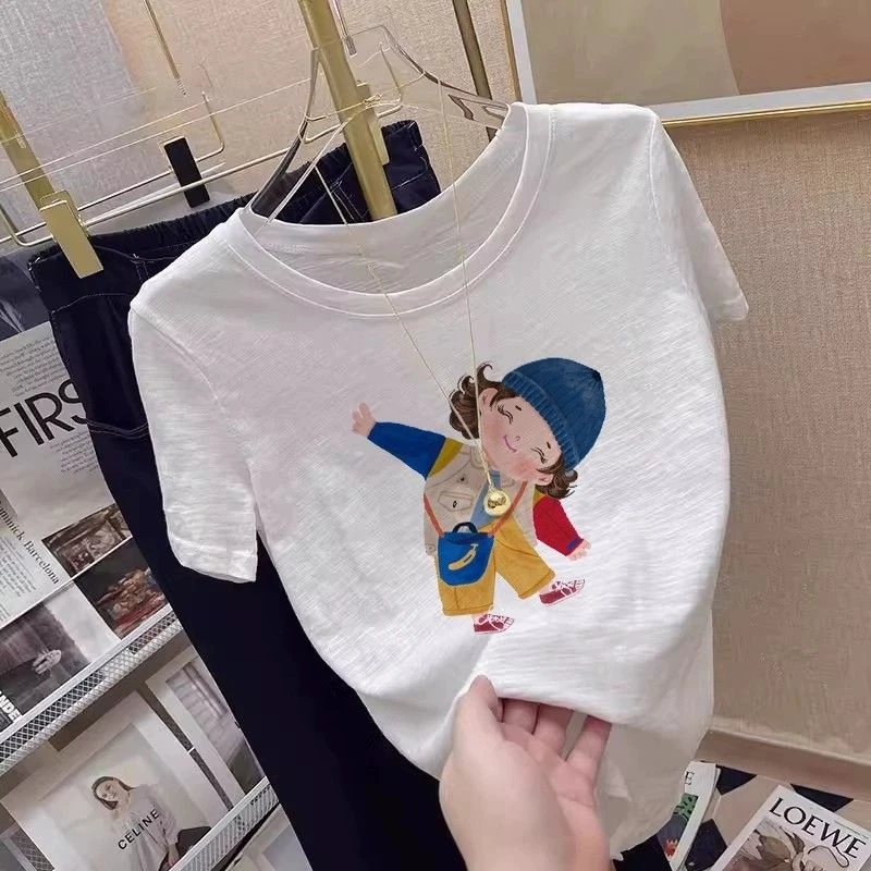 竹节棉短袖t恤女夏季韩版宽松大码减龄圆领字母印花上衣打底百搭