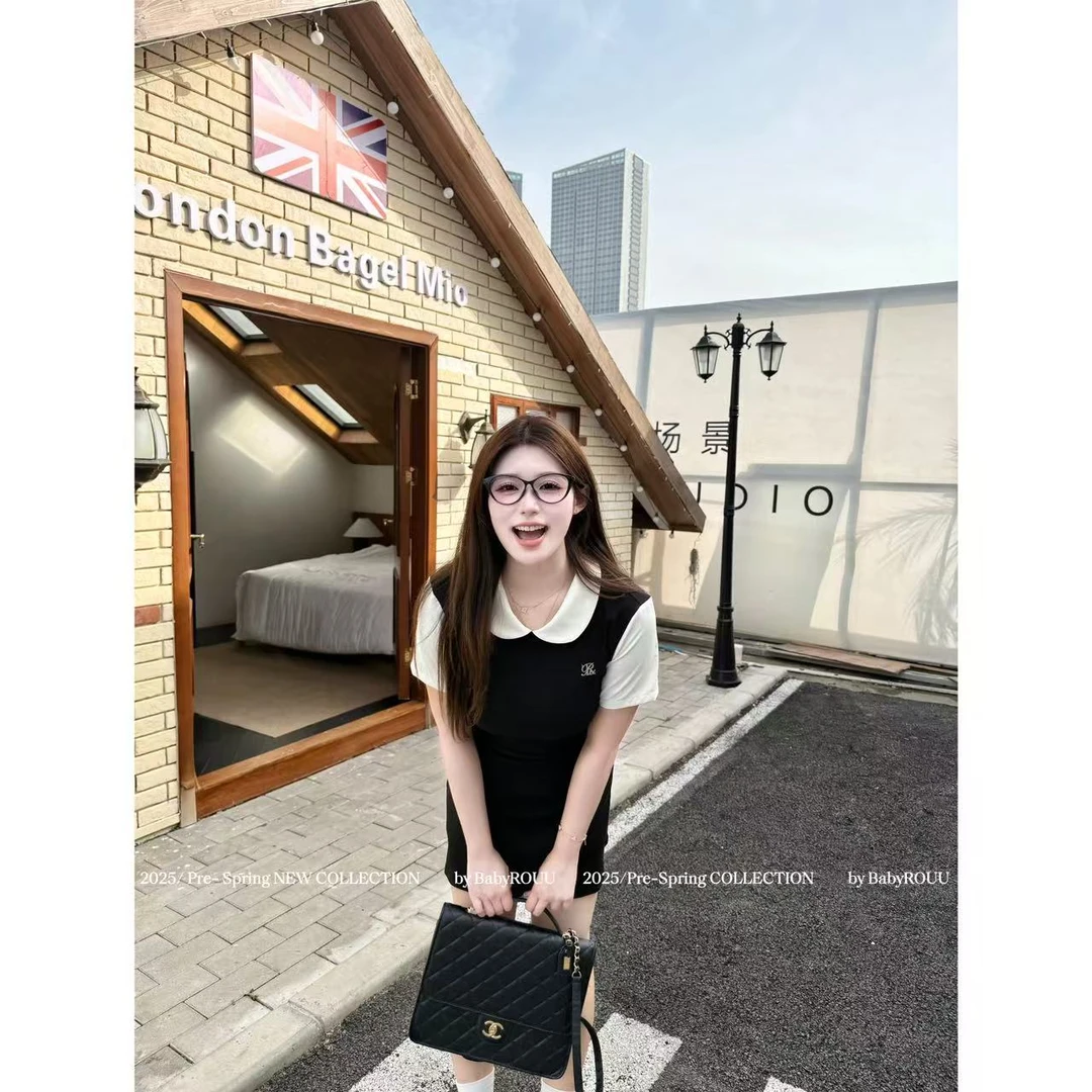 XQ麦601229【千奈凉子】春夏新款撞色显瘦假两件拼接针织连衣裙