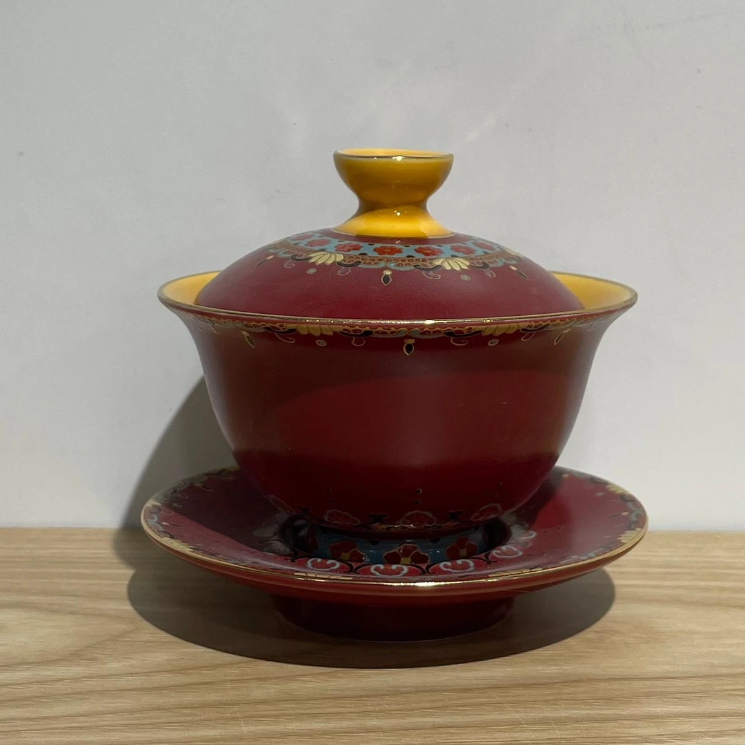 闻兮茶器珐琅彩鸡油黄三才盖碗可悬停泡茶碗