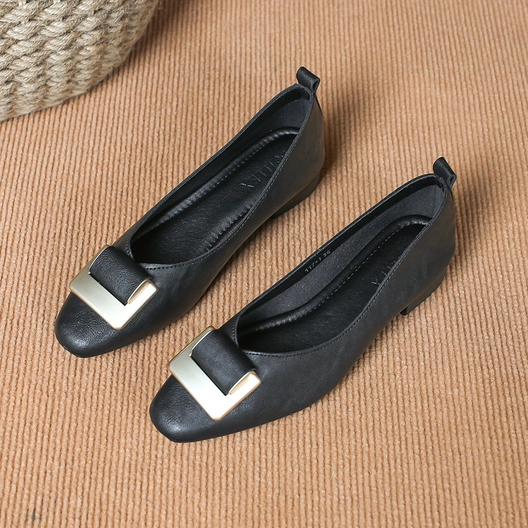 【掉跟包退】【送真皮后跟贴】法式复古皮鞋女金属方扣休闲通勤单鞋