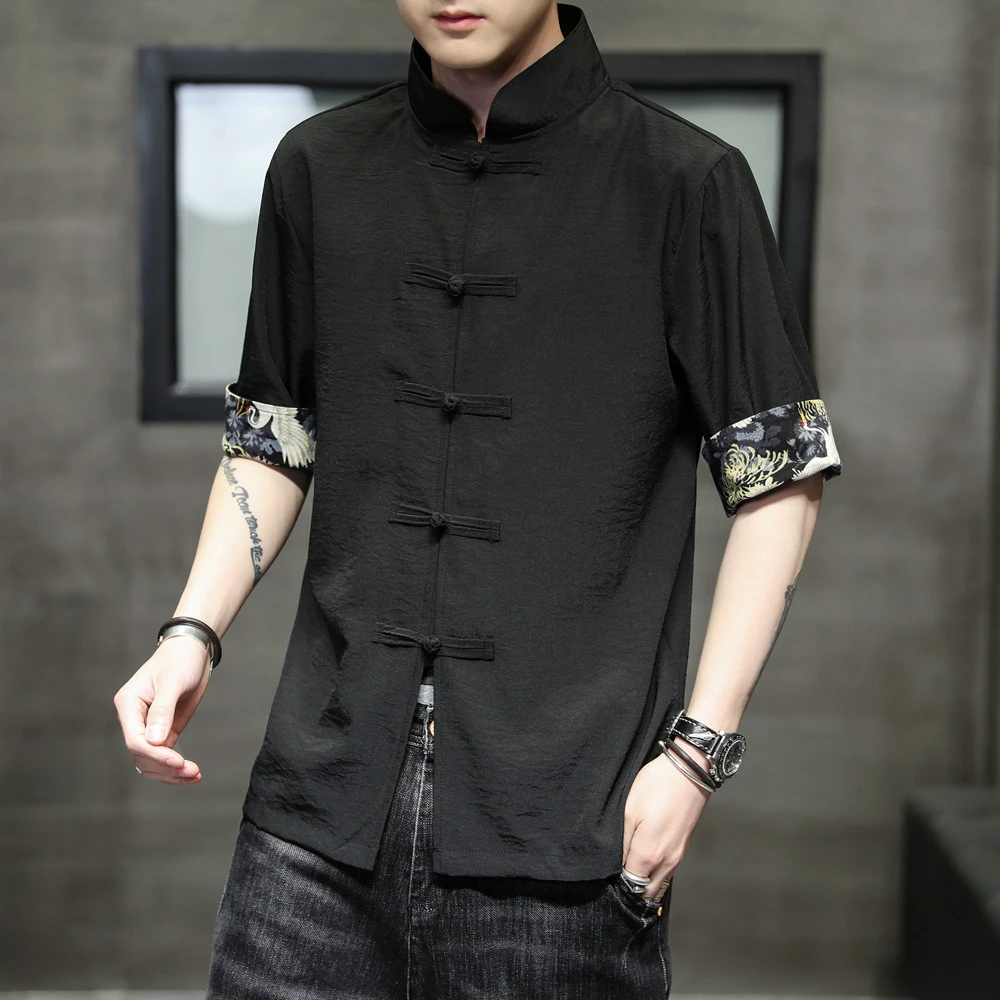 冰丝短袖衬衫外套男夏季薄款宽松五分中袖衬衣中国风唐装半袖上衣