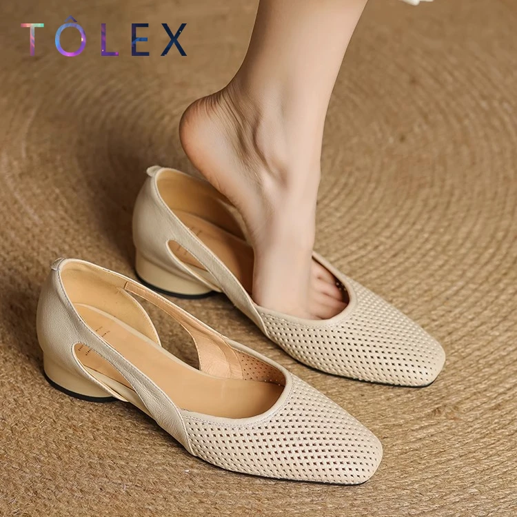 TOLEX粗跟百搭低跟单鞋浅口方头女鞋高跟镂空夏季复古凉鞋