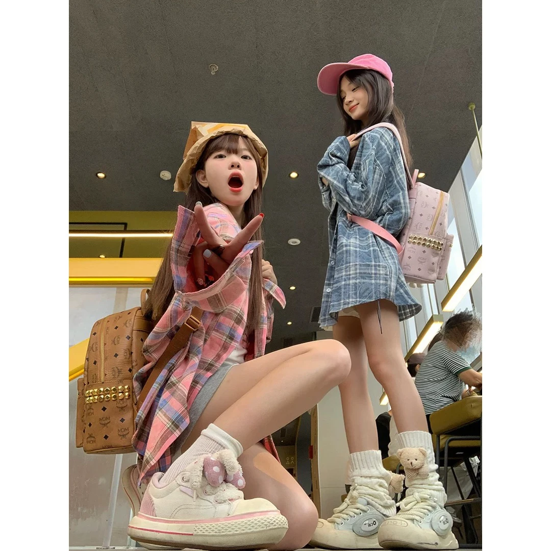 头头女装 复古美式格子女衬衫慵懒#3103