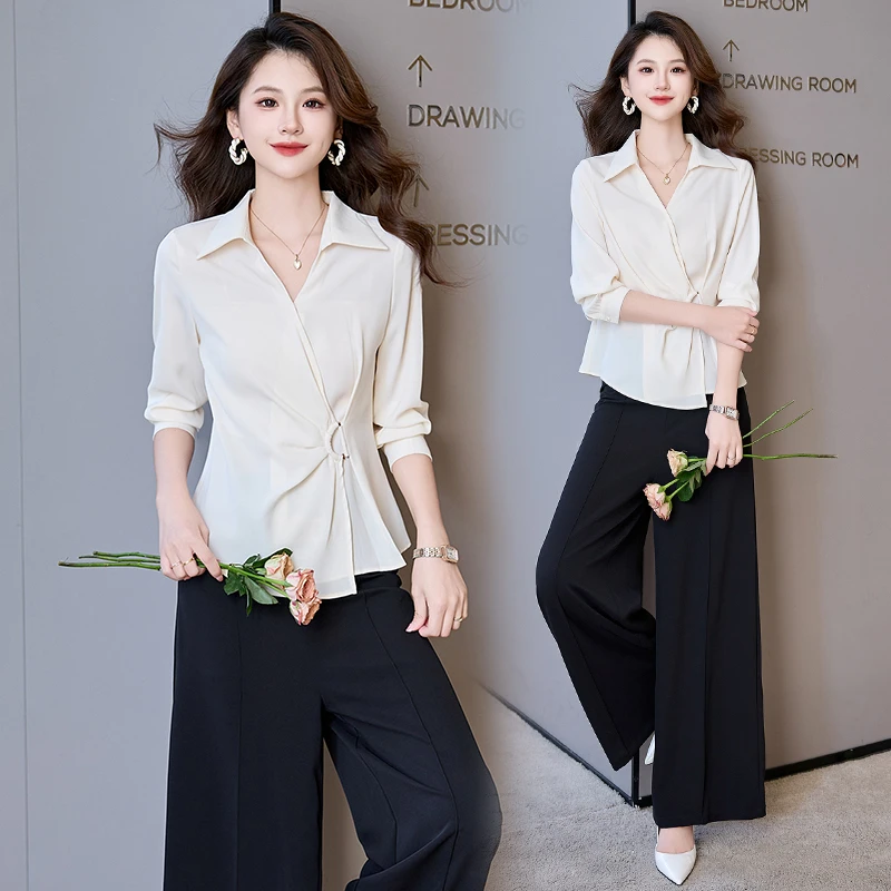 法式翻领收腰衬衫套装女2025秋季新款高级感百搭休闲阔腿裤两件套