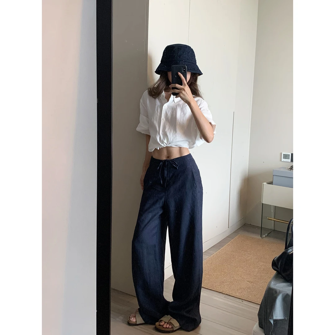 巨喜欢这件！藏青色宽松直筒休闲裤女2025夏季薄款显瘦窄版阔腿裤