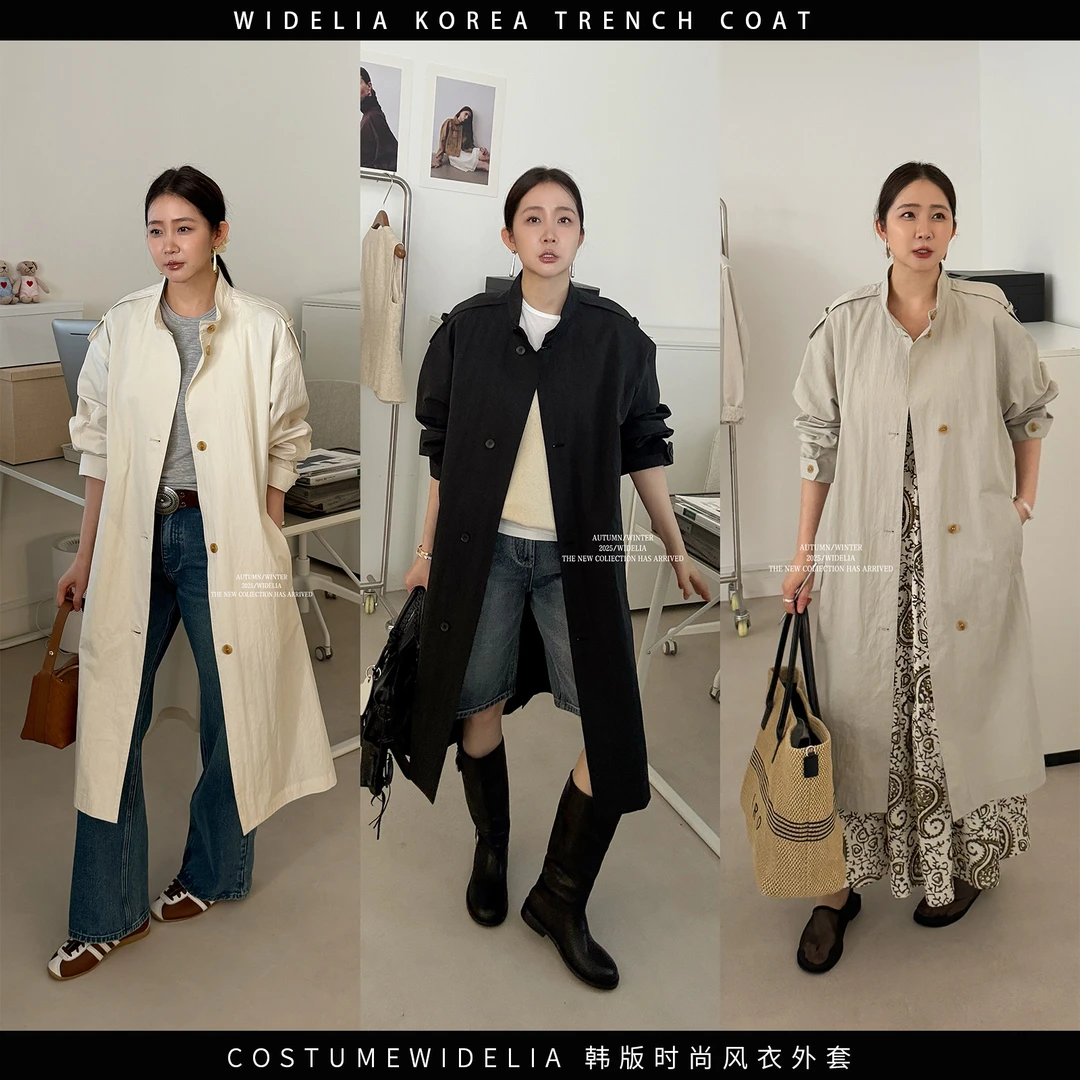 widelia春季7039韩版长款风衣外套女复古高级过膝宽松风衣