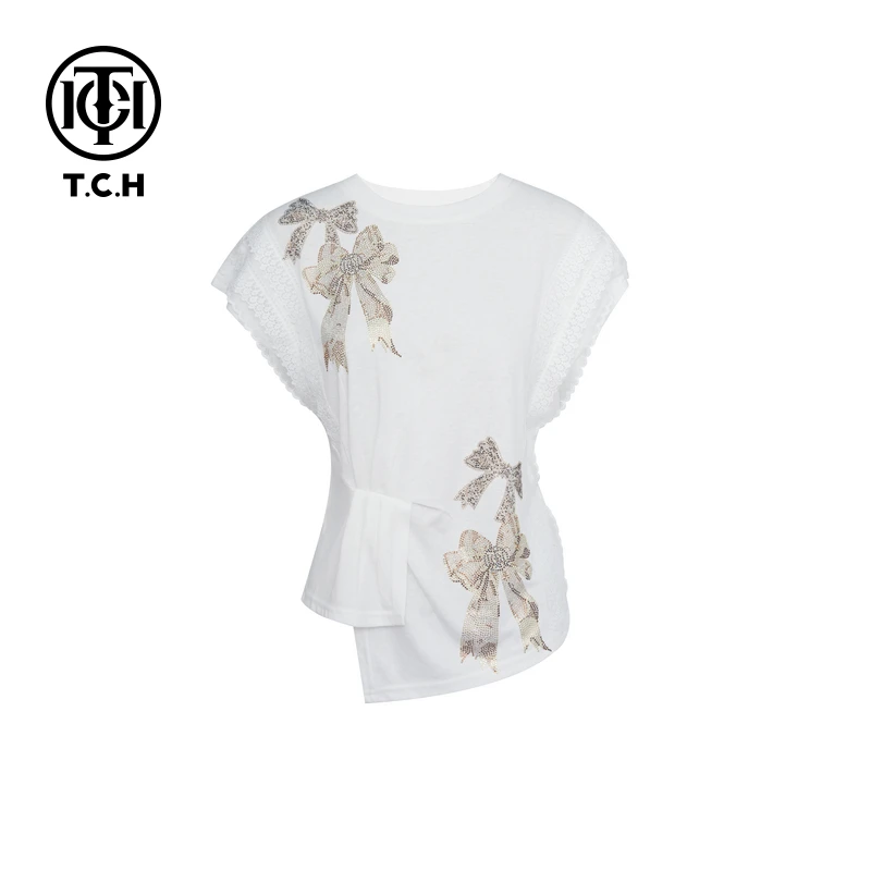 TCH烫钻工艺时尚休闲百搭舒适蝴蝶结T恤女T75B10E5043A轻奢tch