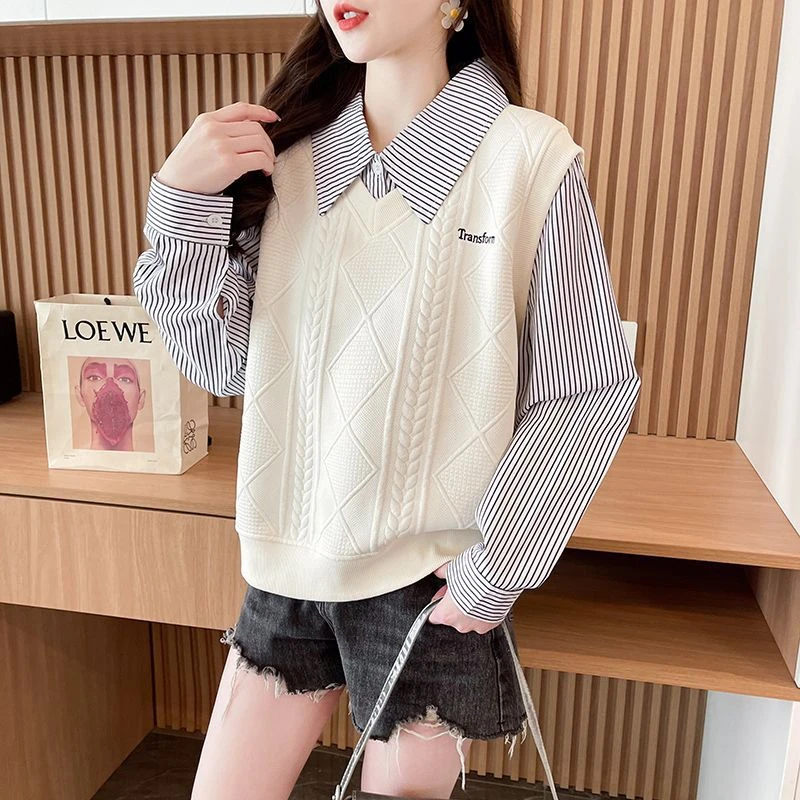 衬衫领卫衣女2025新款春秋韩版宽松薄款减龄小个子假两件上衣外套