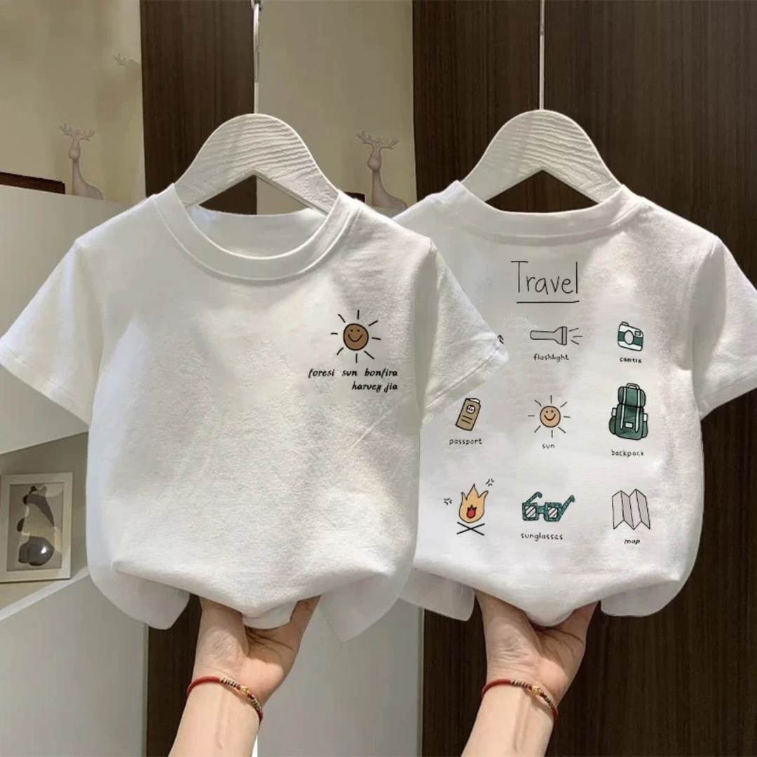 纯棉男童女童纯色短袖透气T恤夏季儿童男女宝宝卡通印花半袖童装