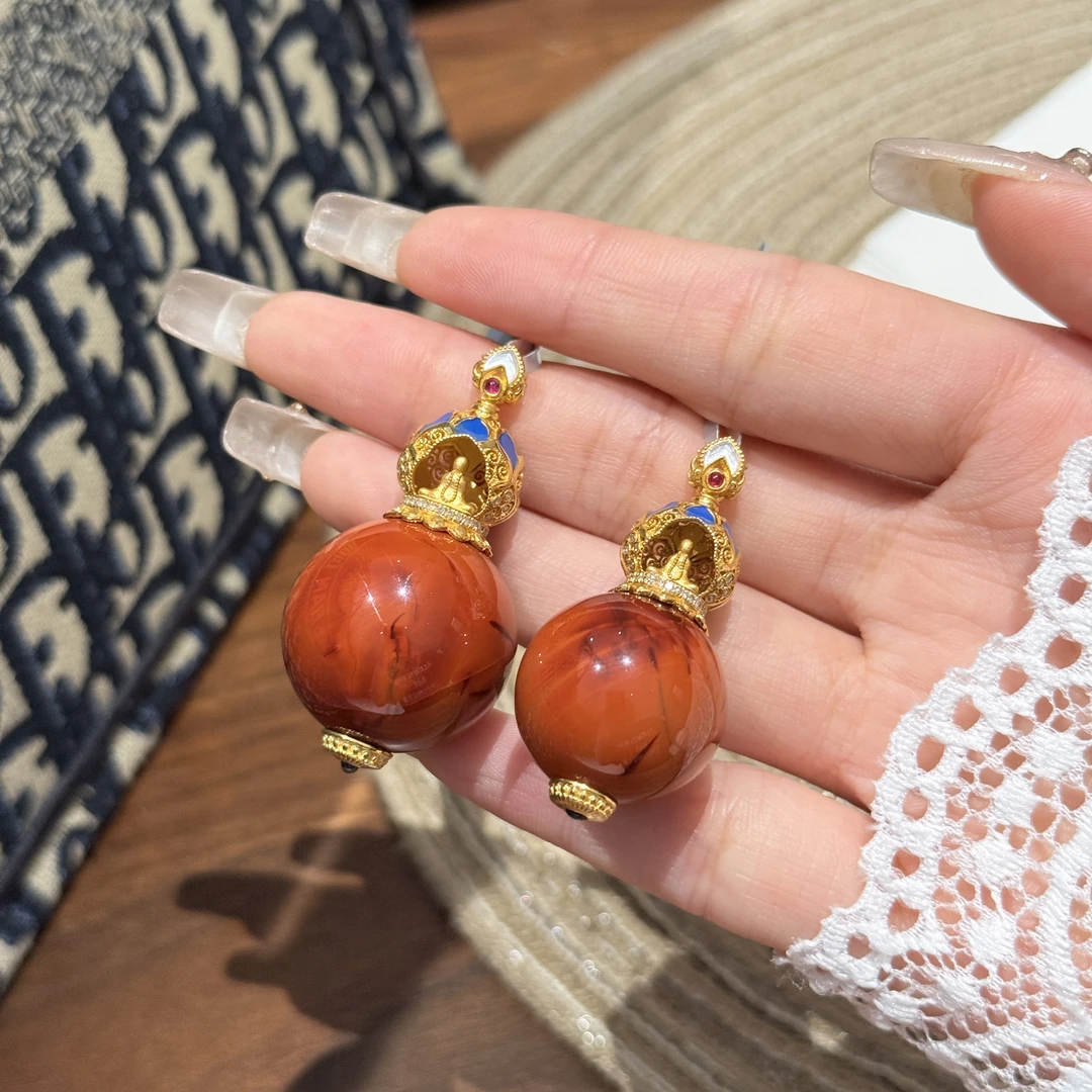 【凰一品】原矿玫红虎皮纹（满肉料）南红套装18K金