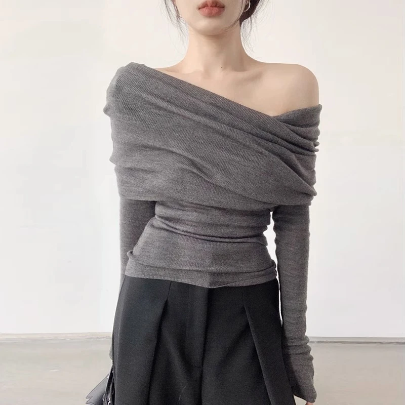 F077一字肩毛衣冬季针织衫内搭打底衫2025新款设计感小众露肩上衣
