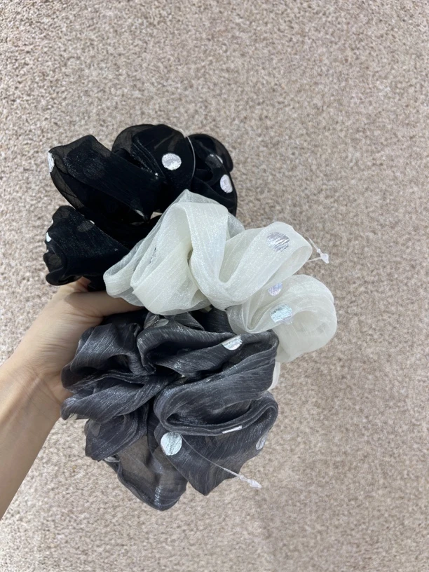 亮丝欧根纱银波点肠圈时尚优雅韩版