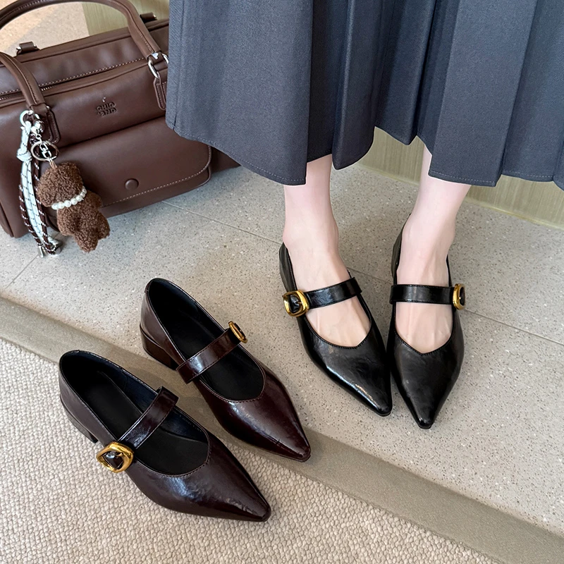 暮秋秋粗跟尖头单鞋女2025新款软底舒适时尚百搭小众法式玛丽珍鞋