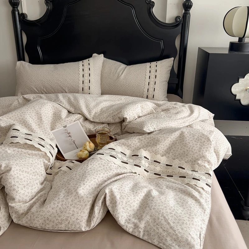全棉双层纱法式花边四件套单双人纯棉床单床笠款加大被罩被套枕套
