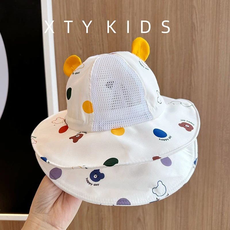 可爱小熊夏季宝宝遮阳渔夫帽网眼透气大檐户外出游防晒婴儿帽子潮