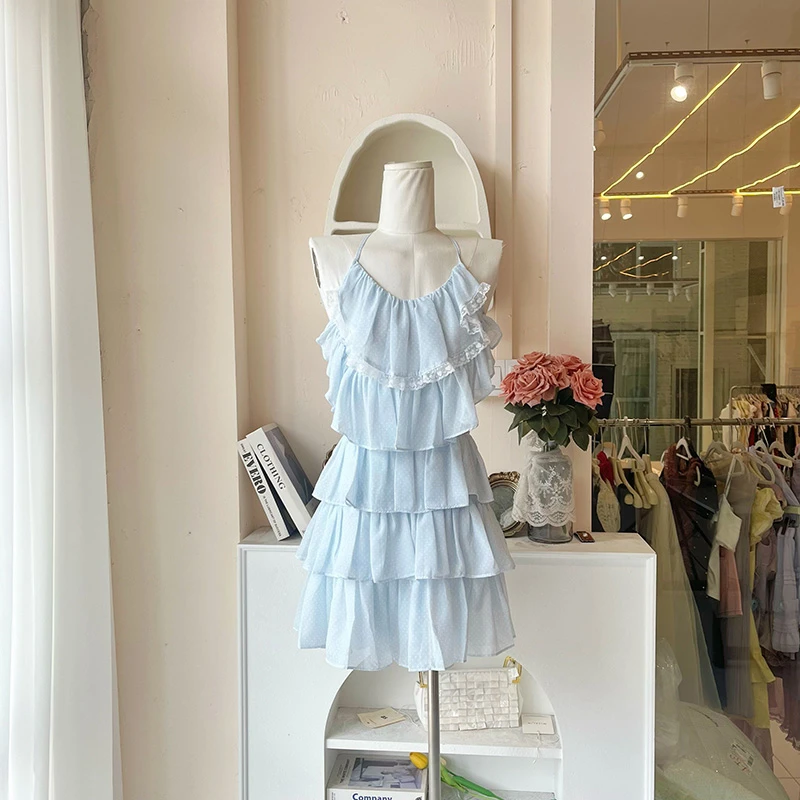 LHTE青青大码女装 夏季度假休闲甜美挂脖吊带蛋糕裙L7914蓝色