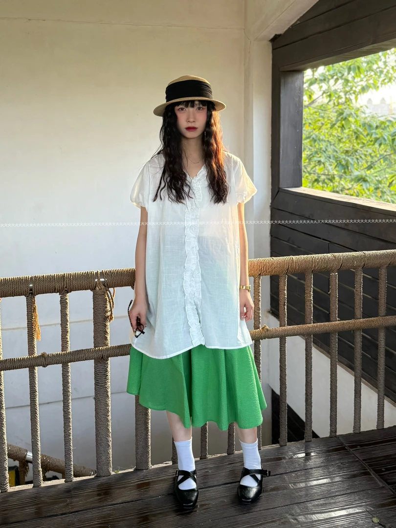 火火【梨月白荷】新款纯色白木耳花边中长款上衣衬衫显瘦设计女衬衣