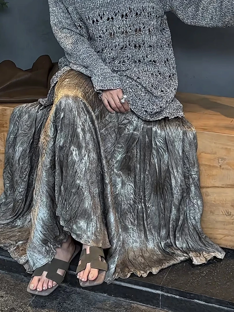 WUWU STUDIO【荒漠】中古感侘寂风晕染压褶抽绳半身裙3337