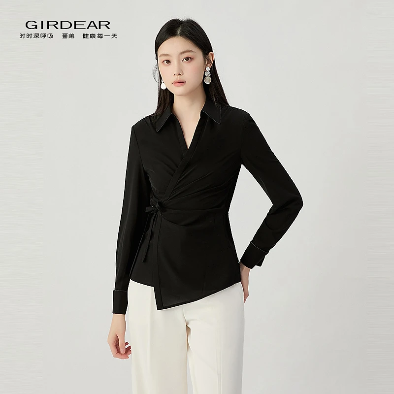 哥弟  女装新款经典高级百搭四季国风感围裹优雅式气质衬衫130087
