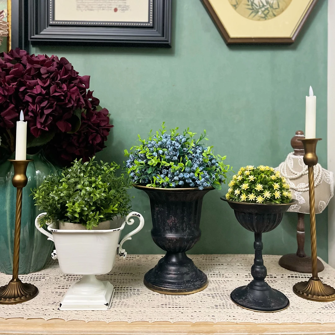 欧式复古做旧铁艺花器 花盆 花瓶 桌面铁艺烛台摆件