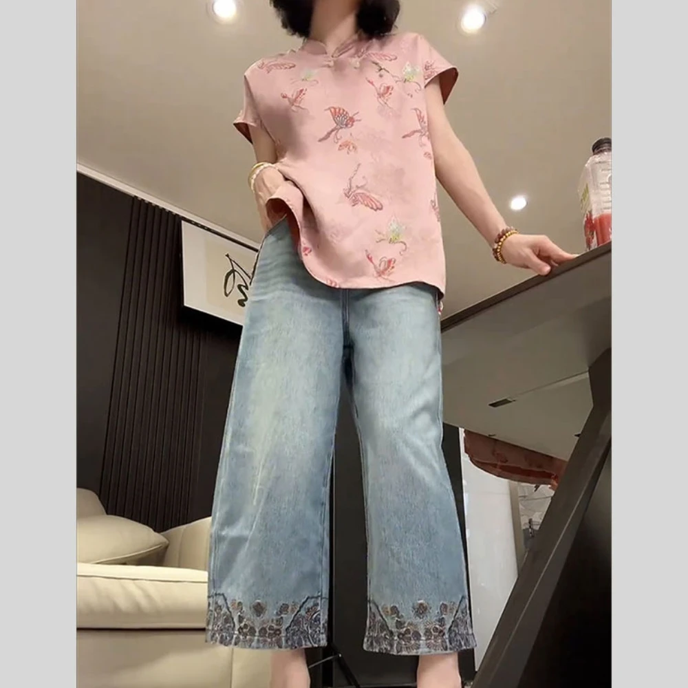 美式复古新中式国风小众牛仔裤女2025夏季显瘦遮跨七分阔腿直筒裤