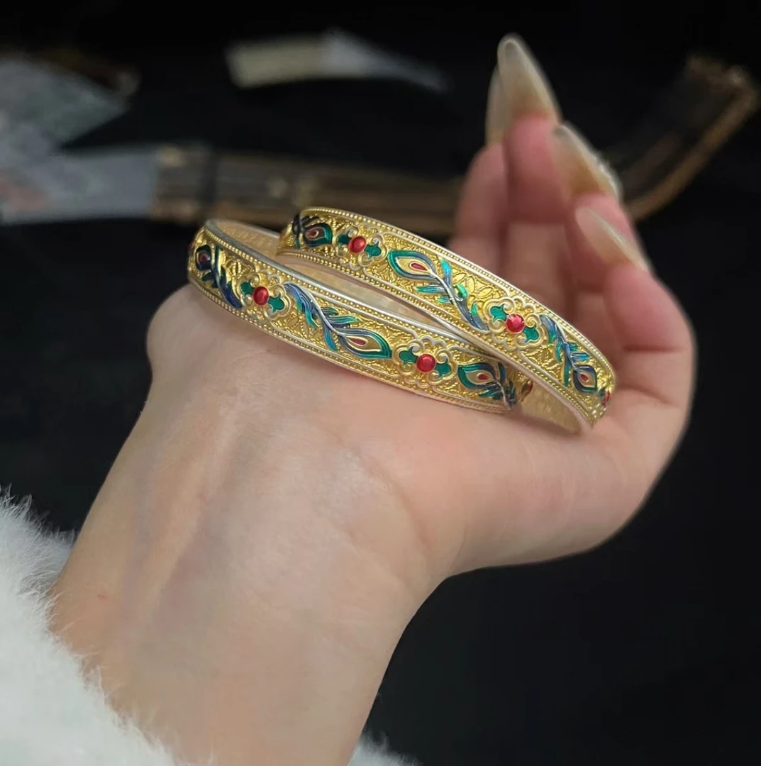 足银手镯  足银9999金色凤羽新中式开口手镯景泰蓝珐琅彩凤翎轻奢