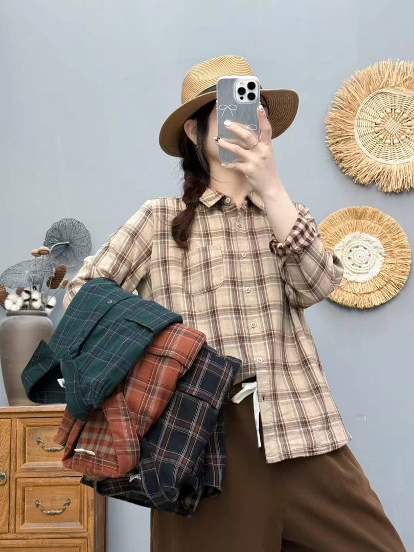 2025春季新款文艺双层棉纱竖条纹长袖衬衫宽松显瘦时尚潮流