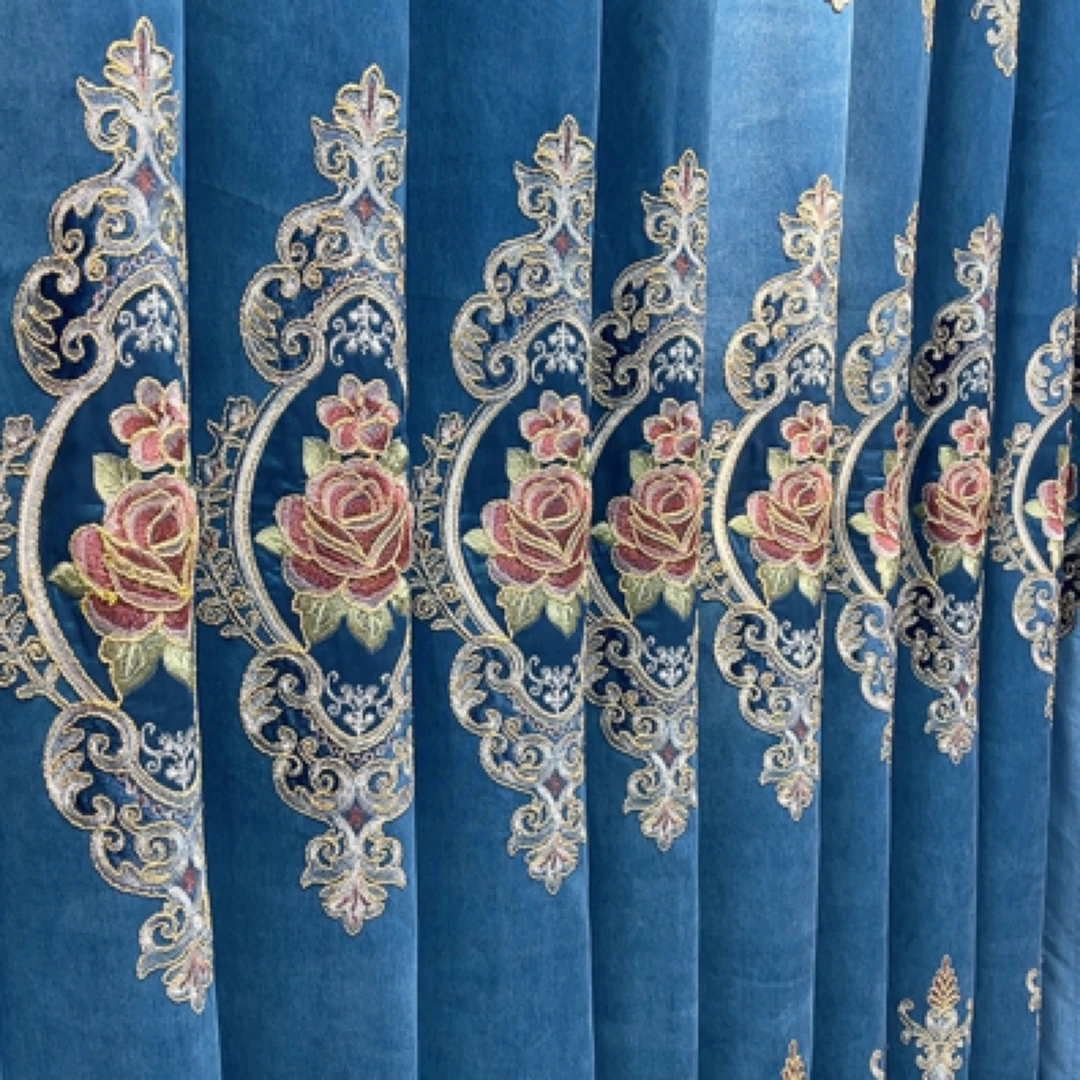 高品质雪尼尔加厚宝石蓝盛世牡丹绣花客厅卧房窗帘