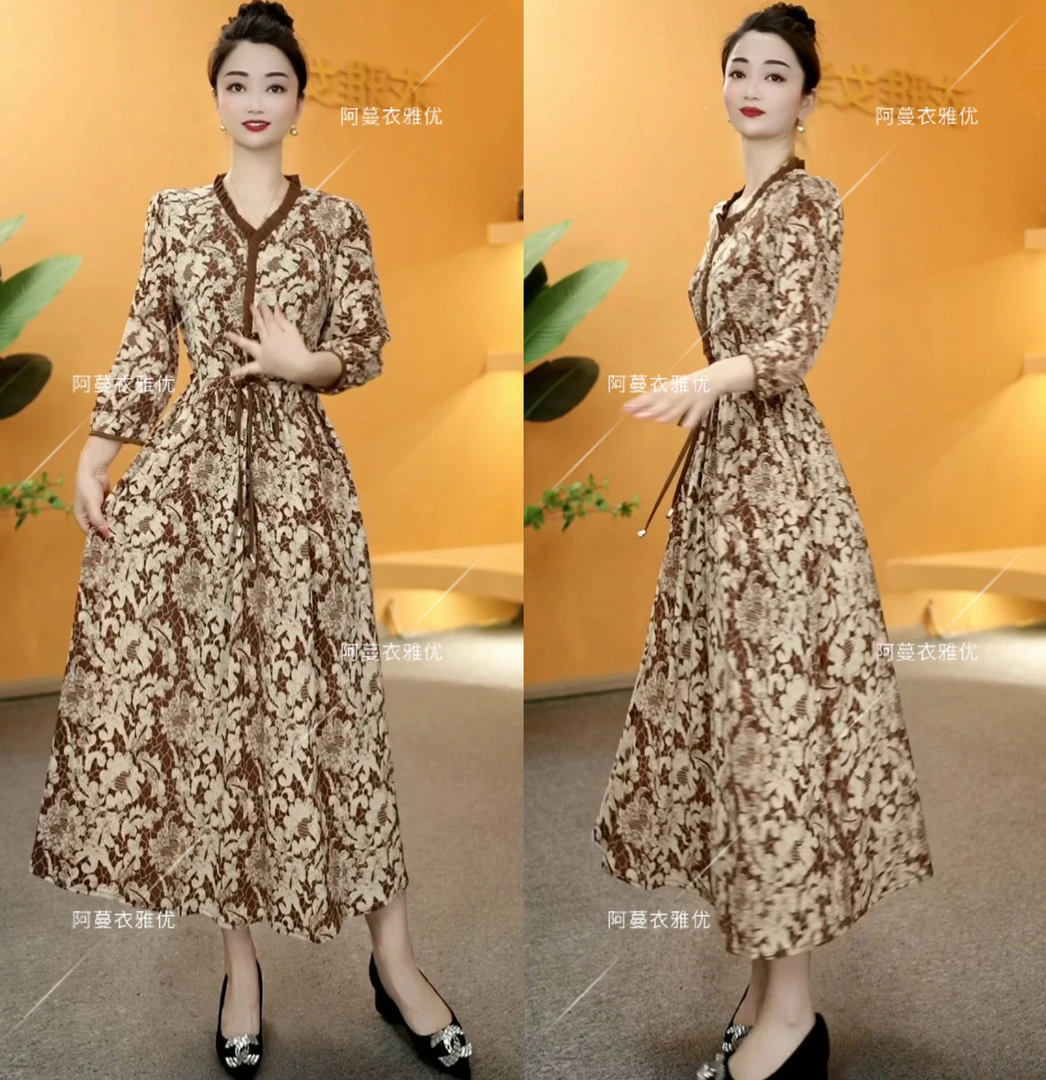 【衣雅严选】8100-1375#新款气质中袖丝光弹力缎面系带显白连衣裙