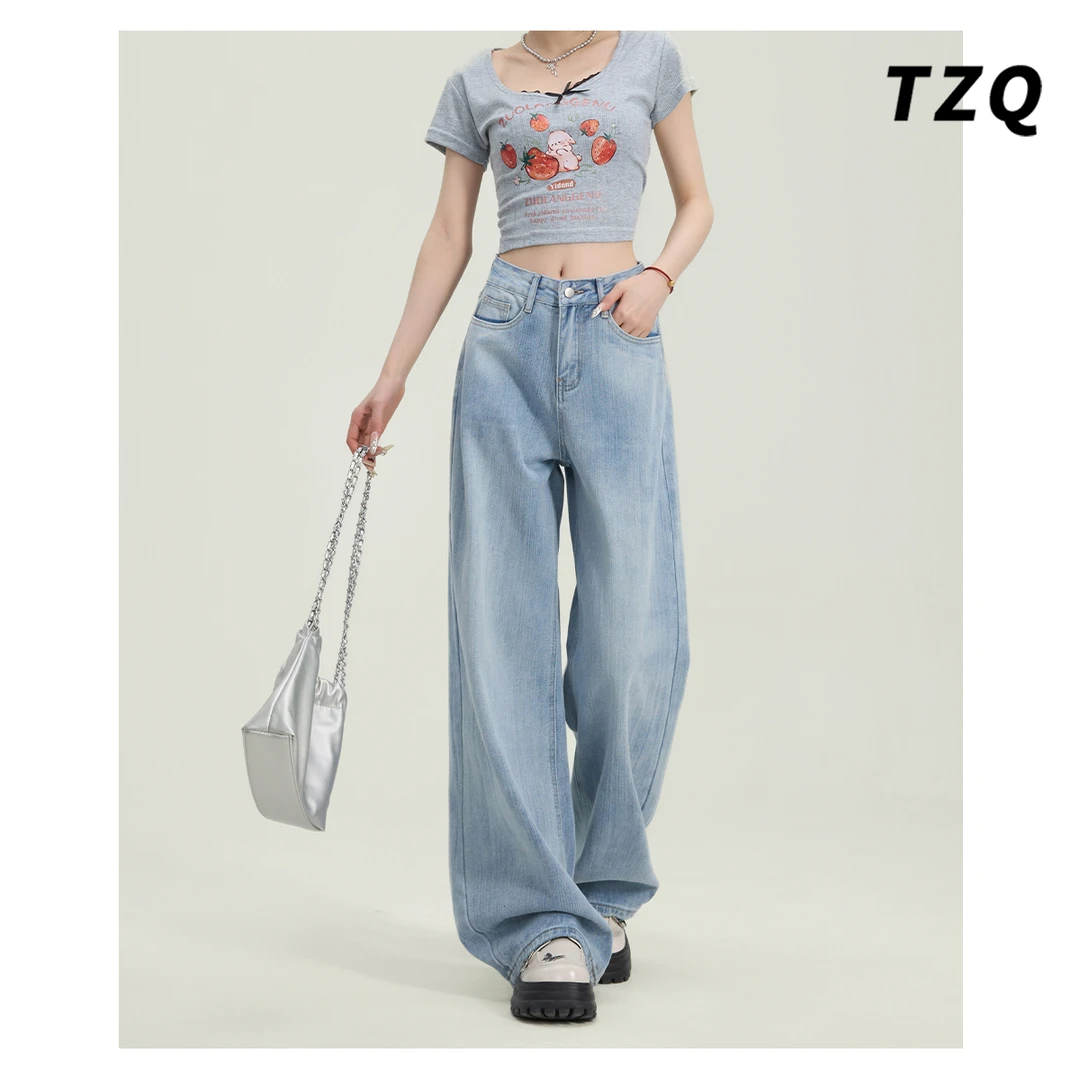 美式高腰阔腿牛仔裤女2025夏季新款宽松垂感显瘦直筒裤TZQ2530717