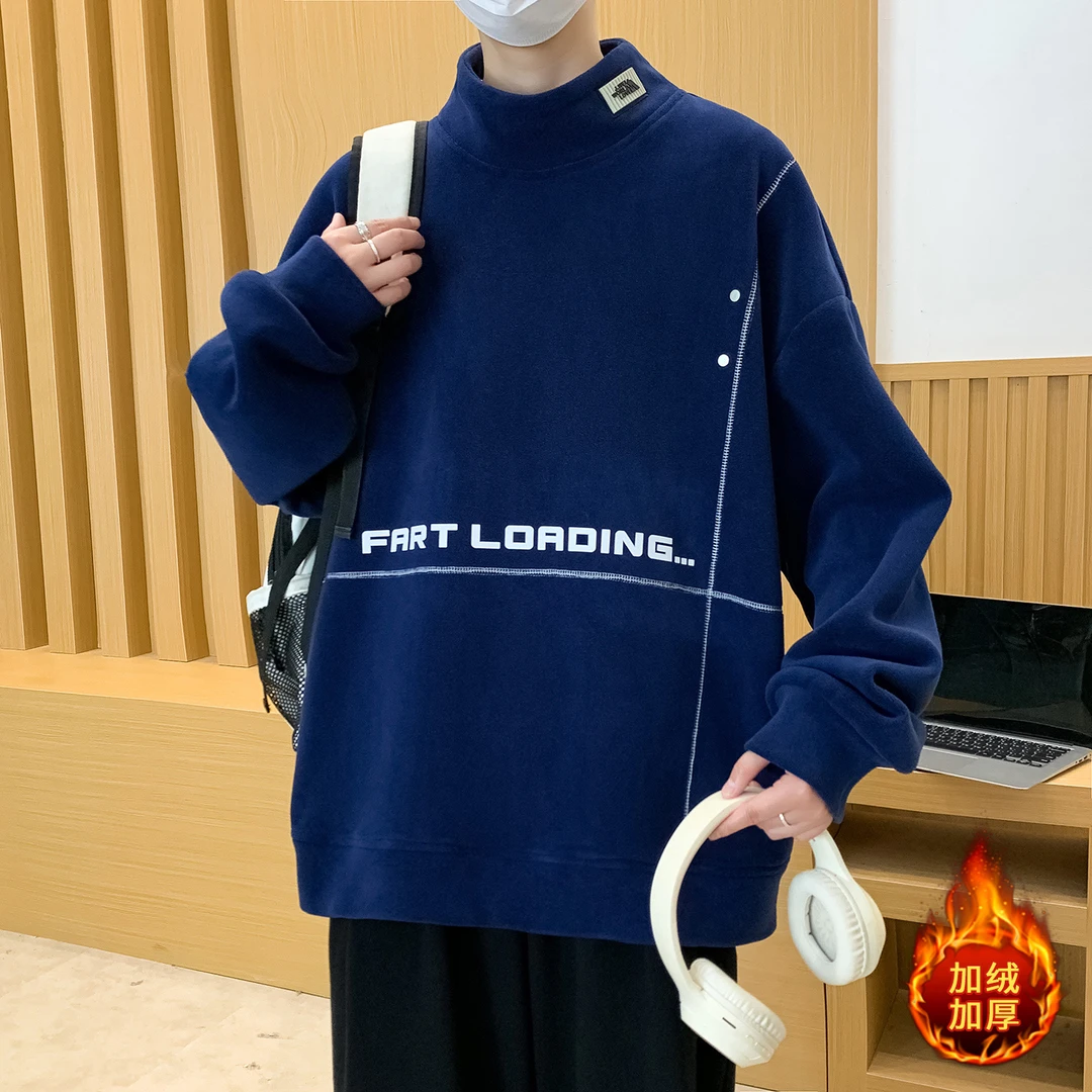 秋冬新款青少年奥粒绒上衣双面绒韩版学生宽松保暖长袖半高领卫衣