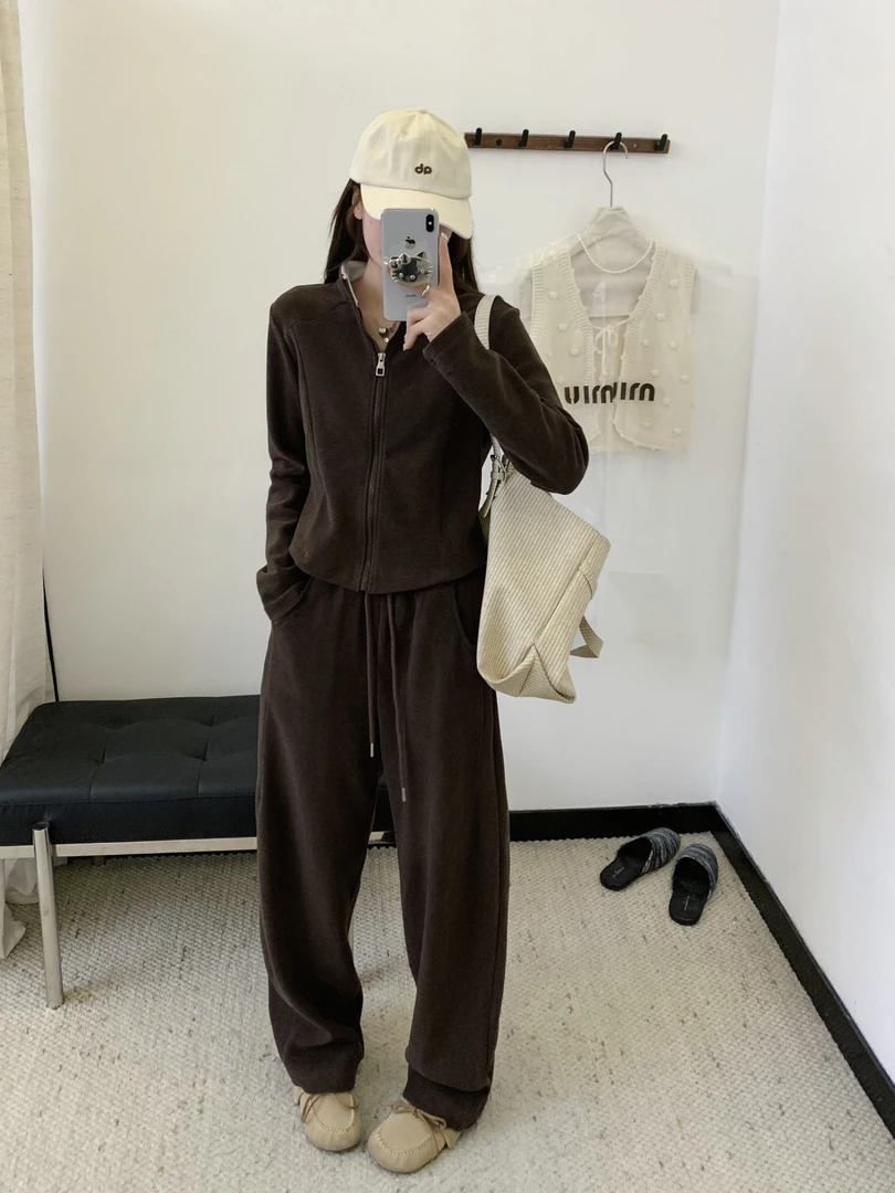 李园家1号店-A88-5-韩系复古休闲风立体收腰弯刀裤套装
