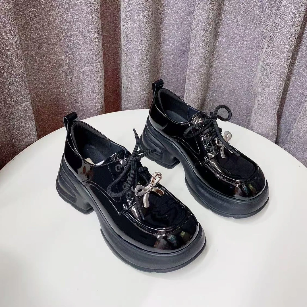 C7756 黑色  高端厚底乐福鞋2025新款增高系带女士深口单鞋