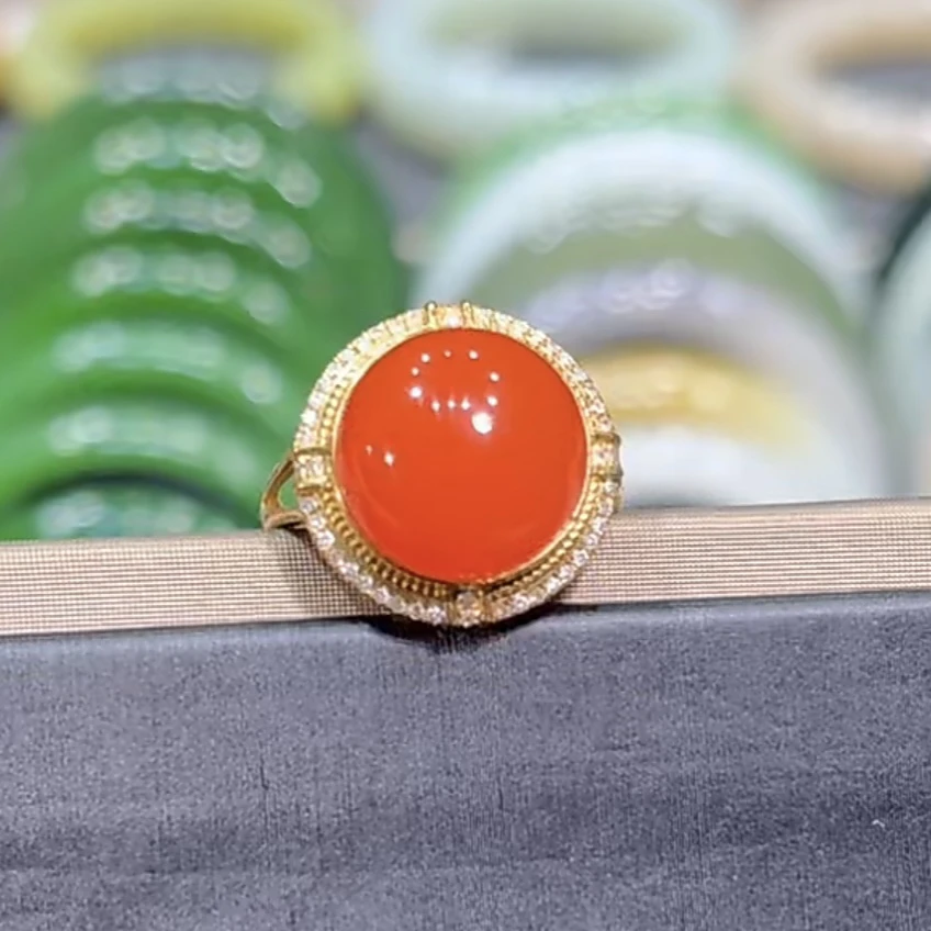 保山南红锦红戒指18K金镶嵌