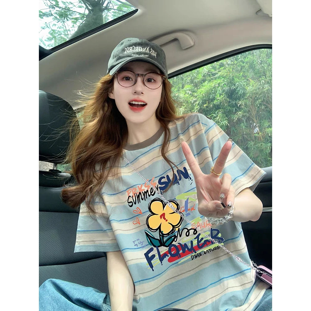 美式条纹短袖t恤女2025新款夏季宽松减龄印花设计感小众慵懒上衣