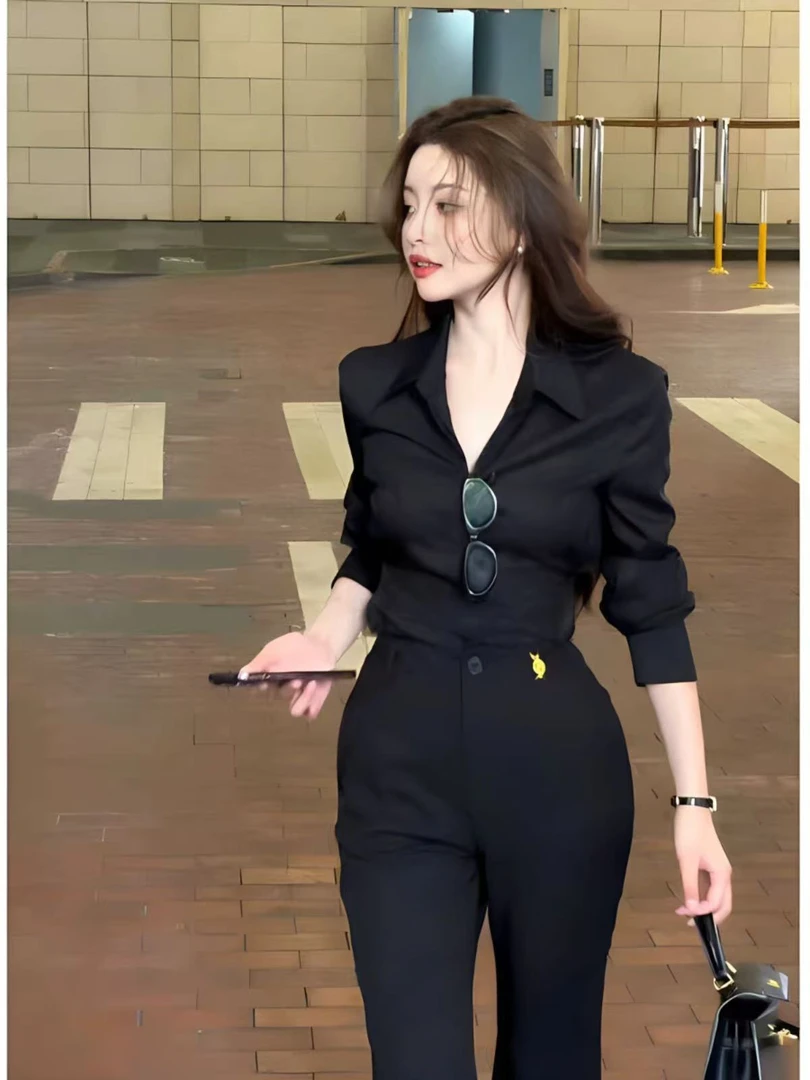 韩系高级感显瘦气质POLO领长袖衬衫女装秋季新款简约百搭修身