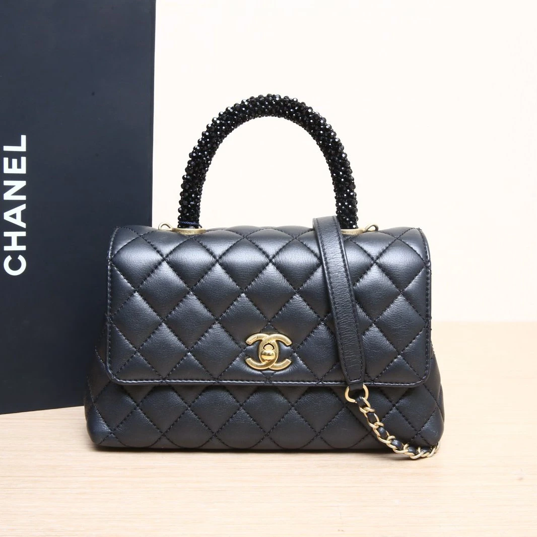 99新 Chanel/香奈儿 小花6花 Handle 小号水钻手柄 黑色 芯片包