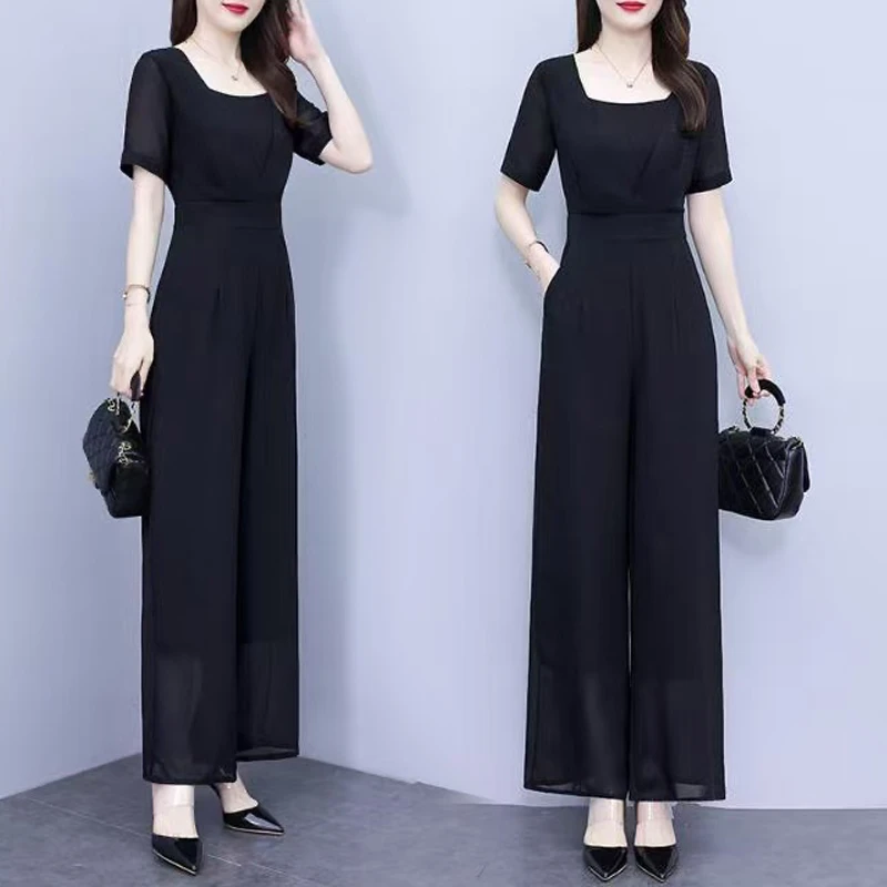 2025新款气质名媛女神范高端一体式阔腿连体裤雪纺连体衣女夏套装