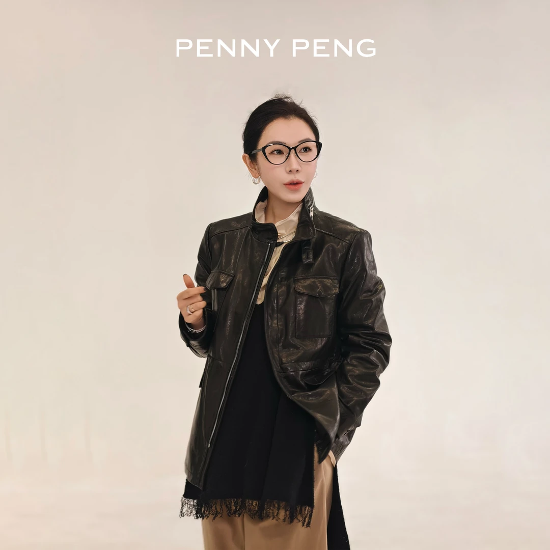 PENNY PENG雅丹风貌品质时尚设计师复古百搭两色潮流羊皮翻领外套