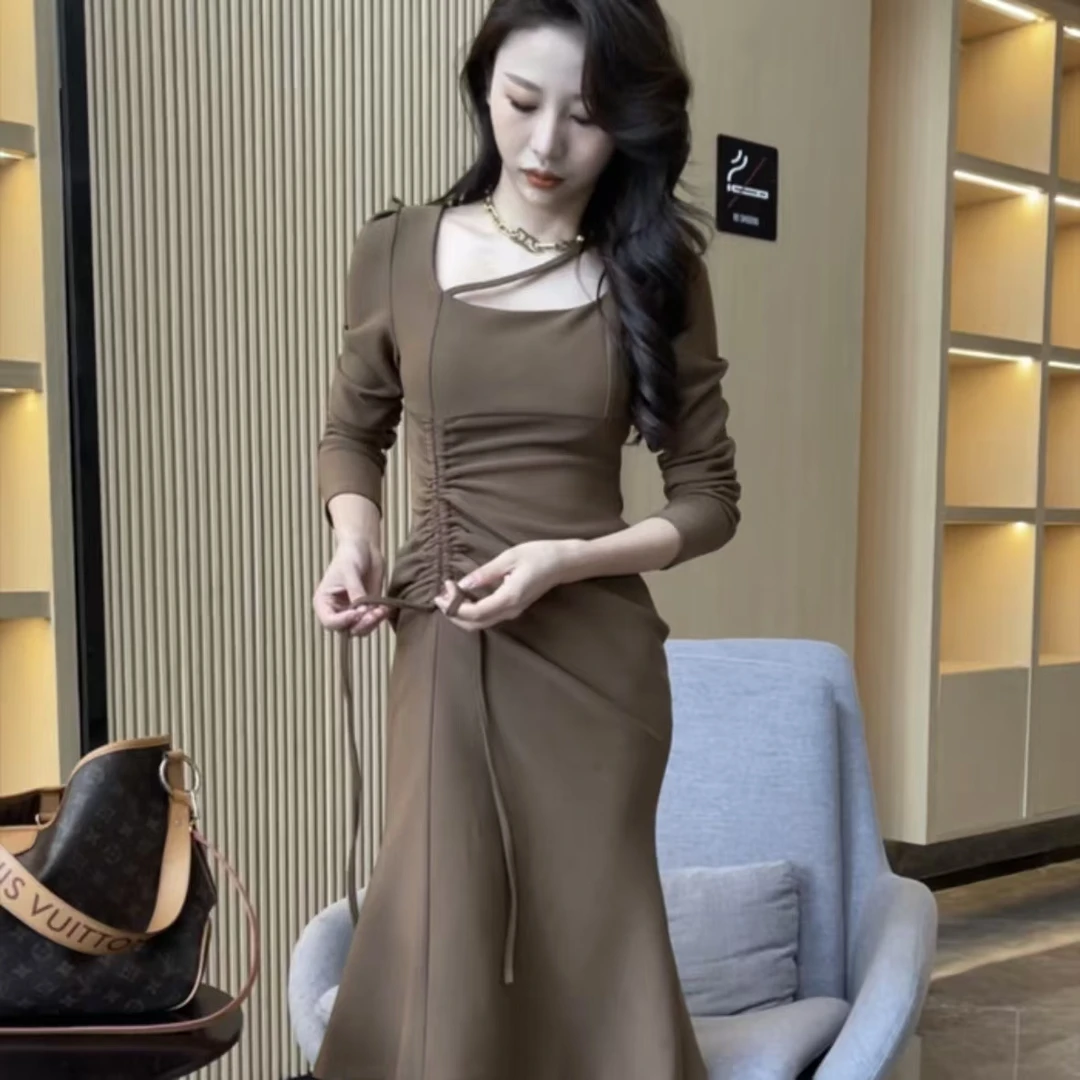 气质方领抽绳收腰气质连衣裙-0103(6266)