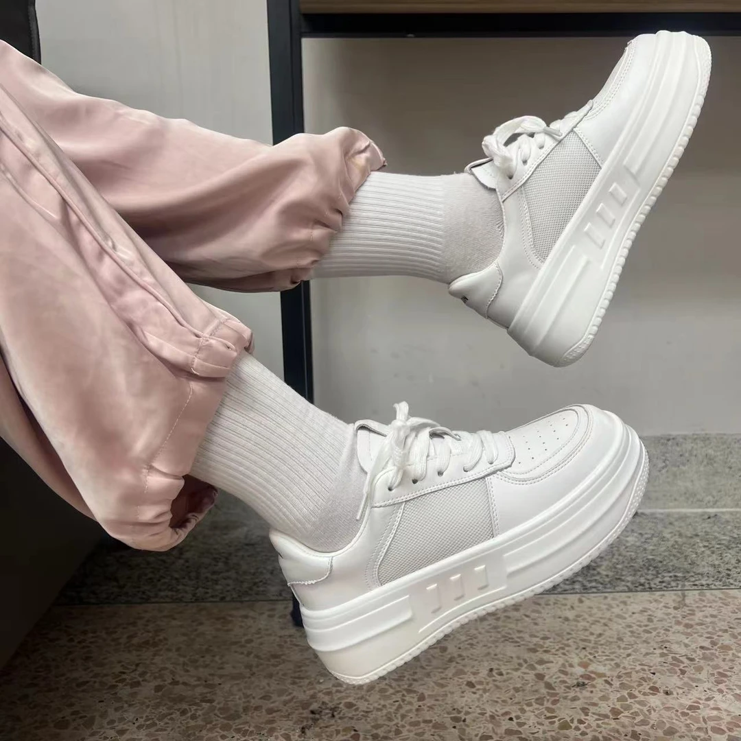 新款青春真皮厚底单网小白鞋D6051