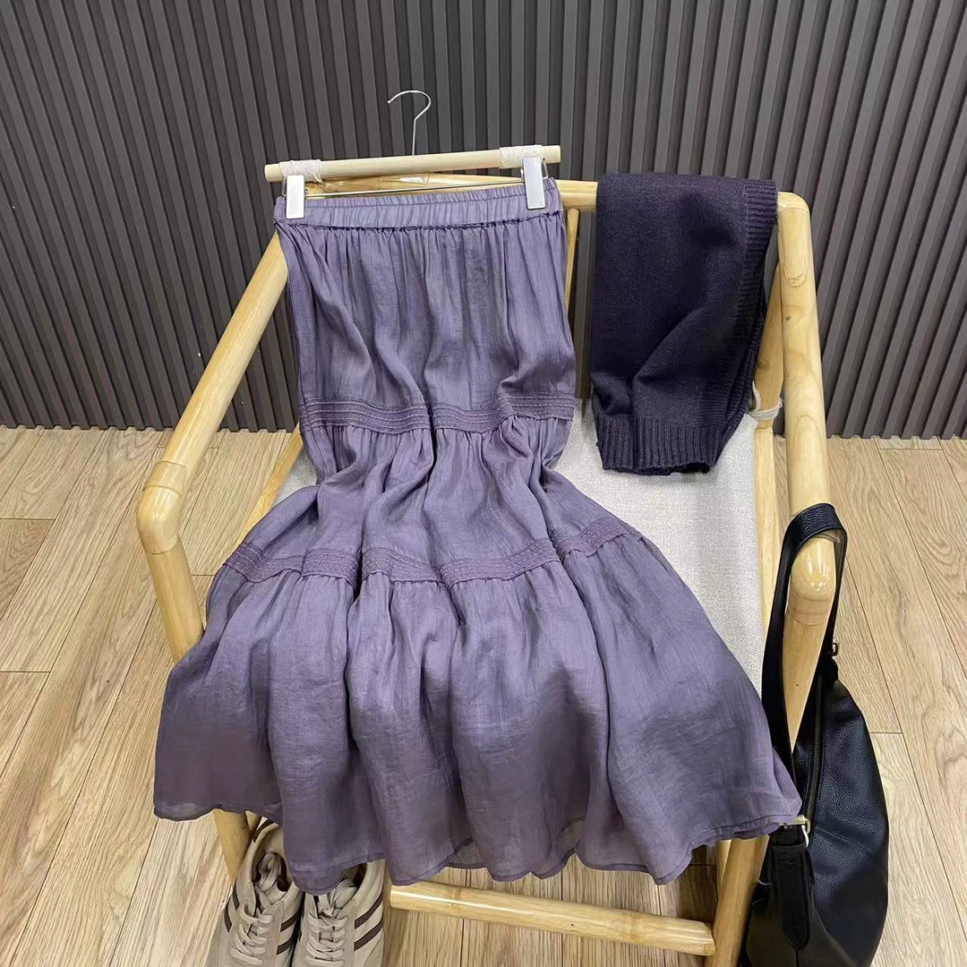 苎麻高腰蕾丝拼接半身裙内衬纯色百搭减龄文艺中长A字裙女Q24085