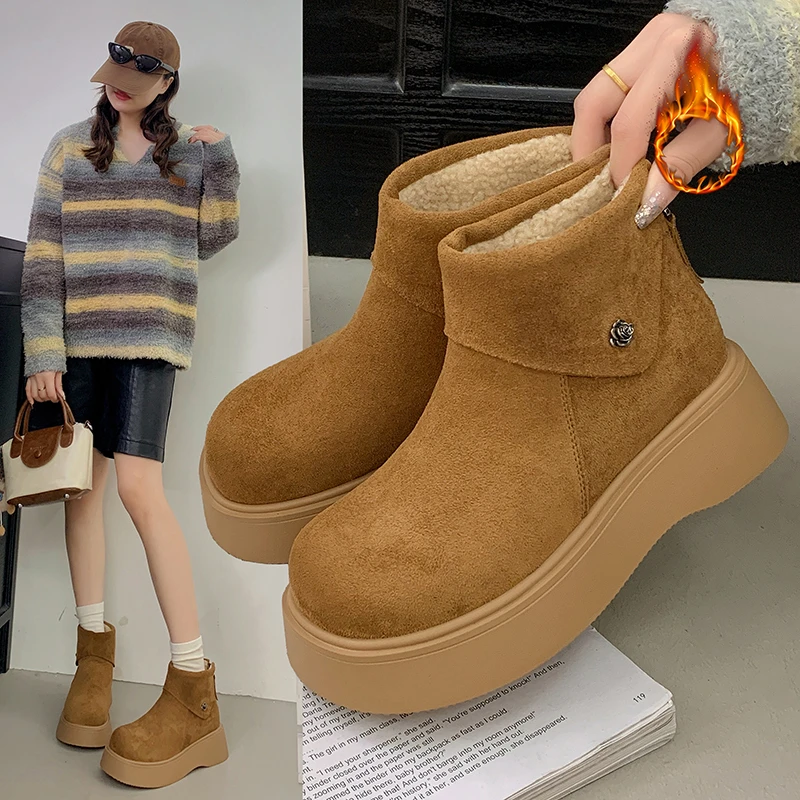 增高5CM厚底保暖雪地靴女款2025新款冬季勃肯加绒加厚高帮棉鞋