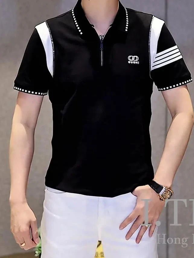 【轻奢欧货】春季新品经典男士短袖时尚休闲百搭夏季潮流半拉链T恤